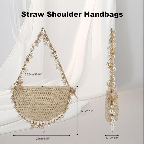 Women Straw Shoulder Bag Pearl Conch Summer Beach Handbag 3-in-1 Chic - Picture 2 of 6